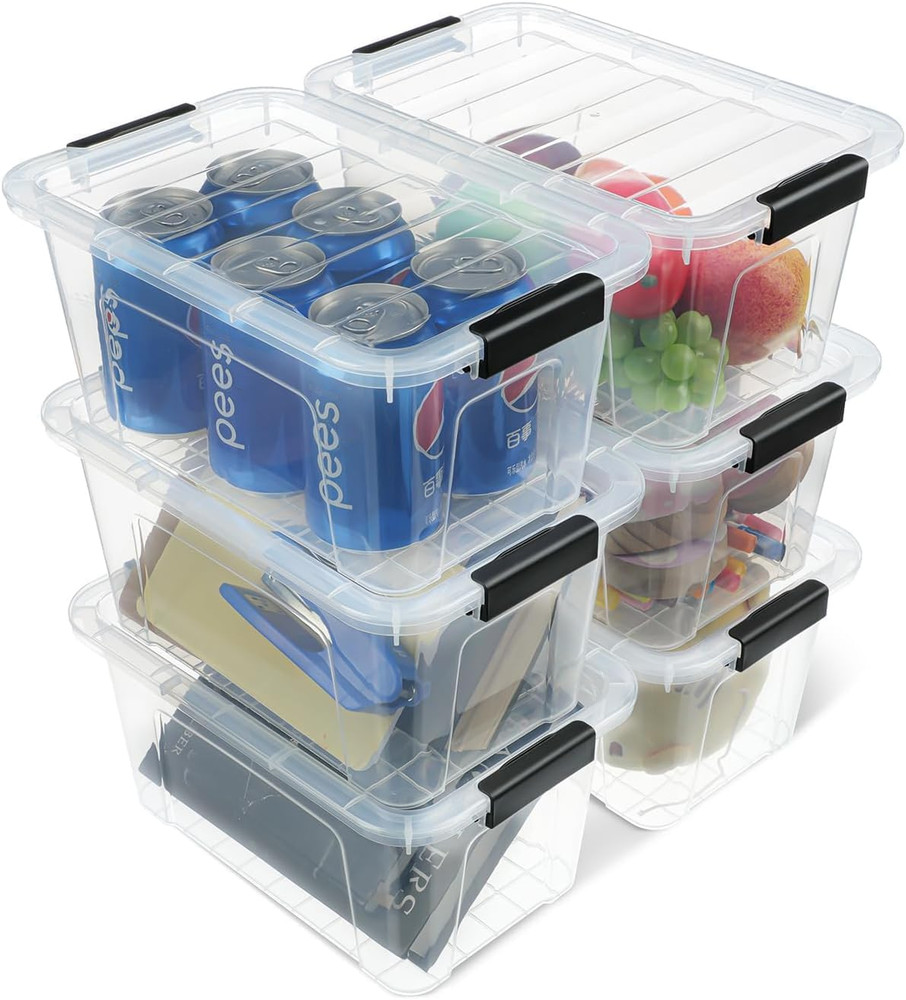 Plastic Storage Bins with Lids 6 Pack, 7 Quart Storage Containers with Black Buc