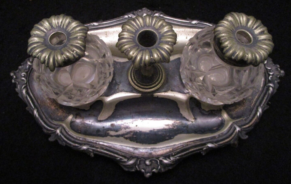 Classic Antique Maker Marked Silverplate & Crystal Double Inkwell Set