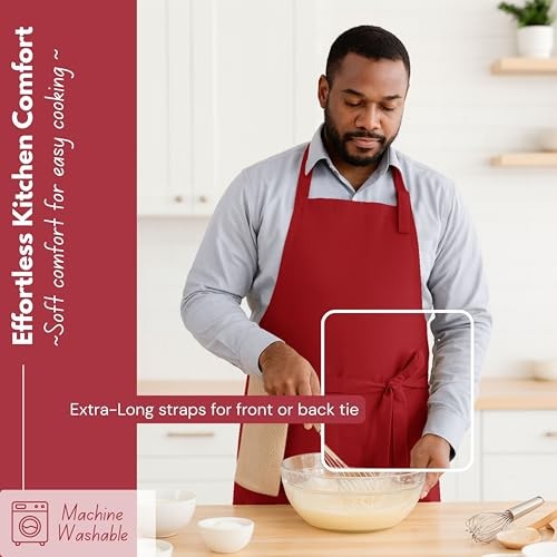 Kitchen Apron 2 Pack - 100% Cotton Adjustable, Durable Apron with Pockets, Red