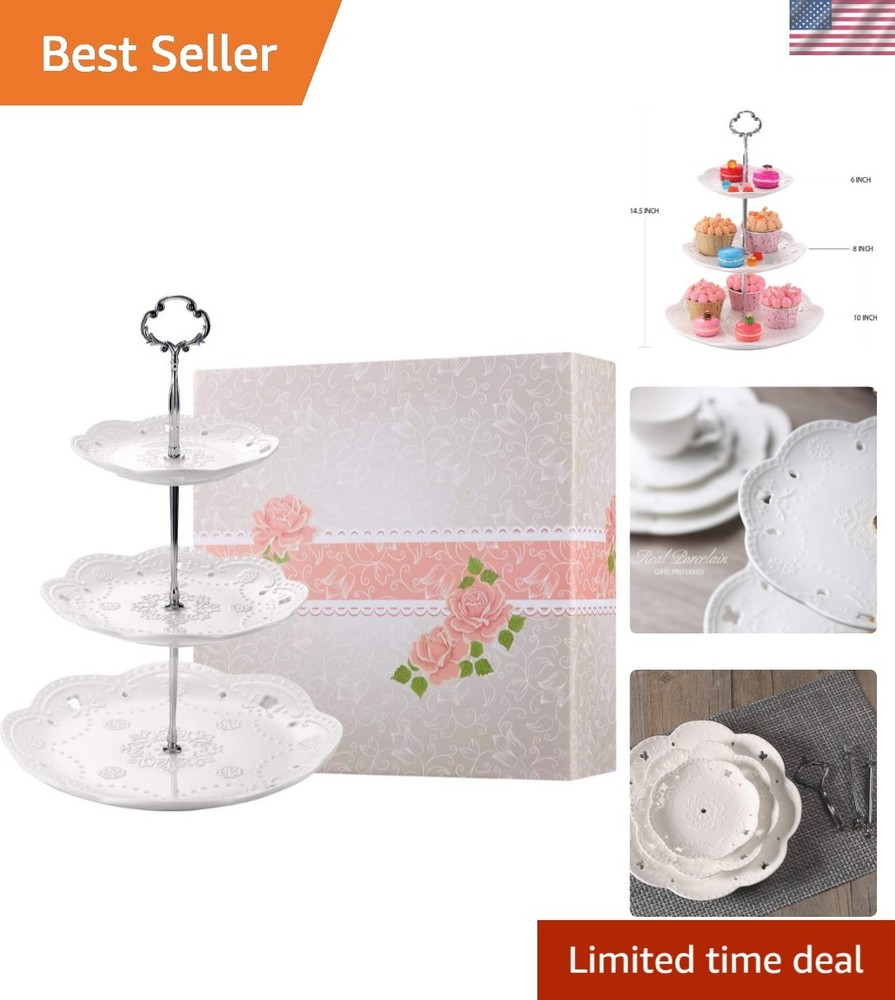 Pure White Ceramic 3-Tier Dessert Tray with Silver Bracket - Easy Assembly