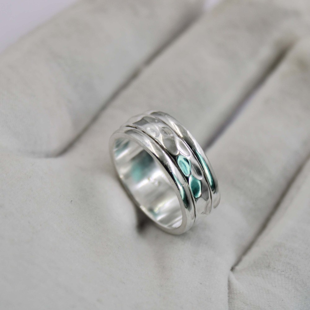Solid 925 Sterling Silver Wide Band Ring Textured Pattern Unisex Modern For Her