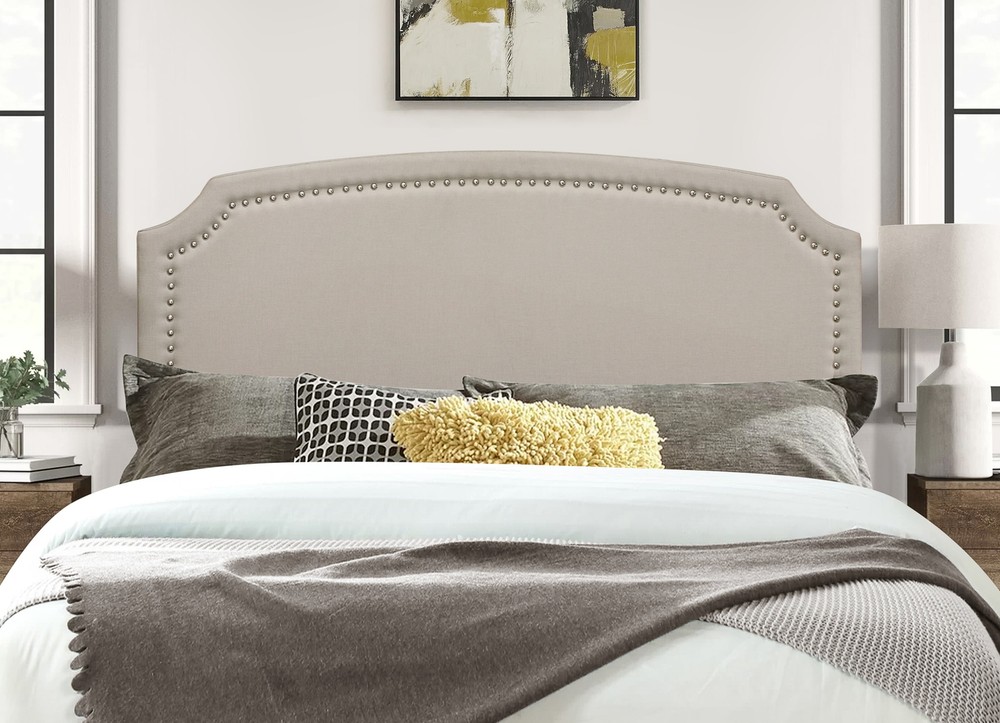 Full Upholstered Headboard Warm Gray Nailhead Trim Adjustable Height
