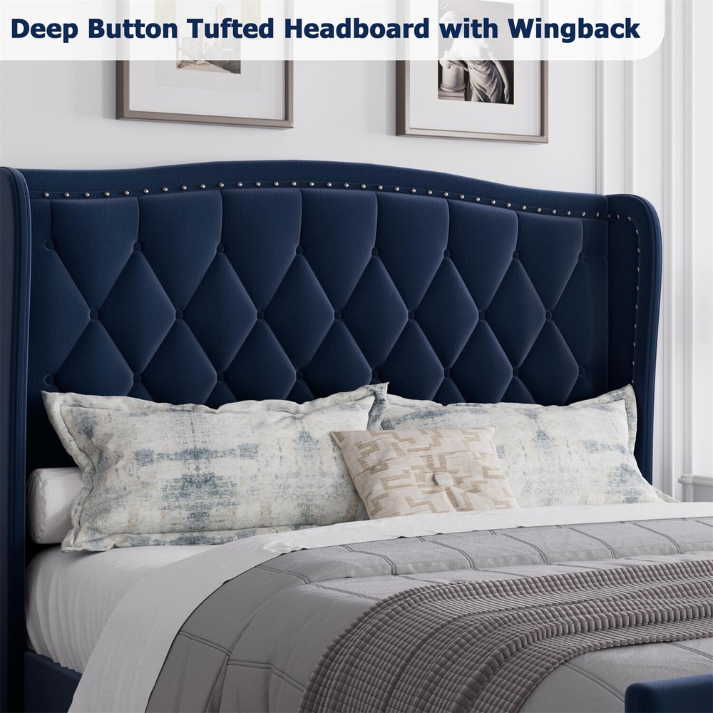 Full Bed Frame Velvet Upholstered Platform Bed with Wing Side Headboard Sturdy