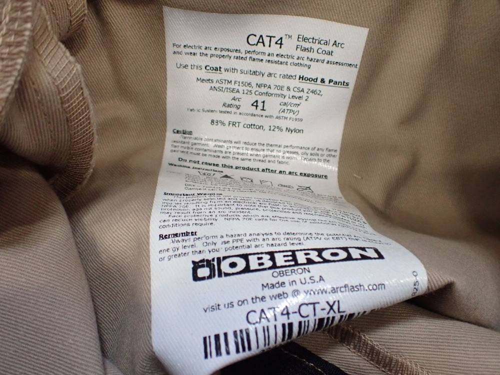 OBERON CAT40 Series Electrical Arc Flash Coat Set, Size XL, No Box