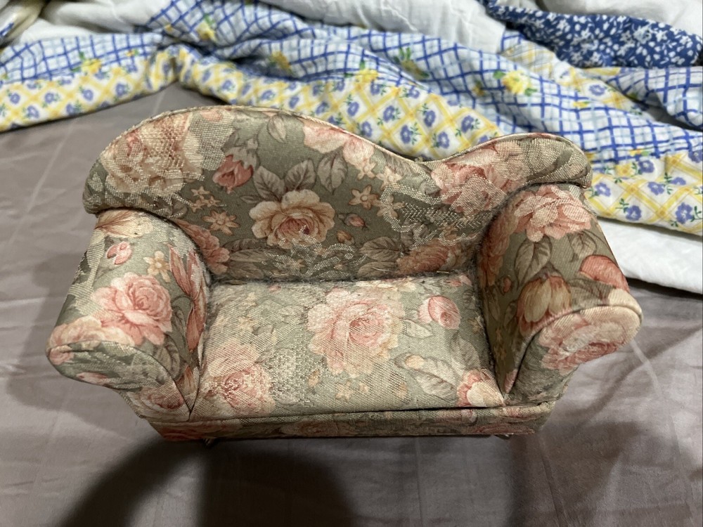 Vintage Sewing Box Tiny Couch Floral Upholstery With Mirror