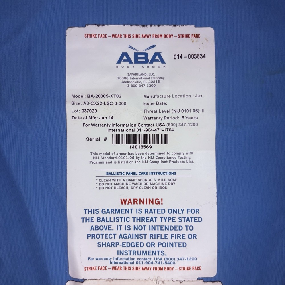 Second Chance Level 2 Vest w/ 3A Back Panel Size Medium Bullet Proof ABA Armor