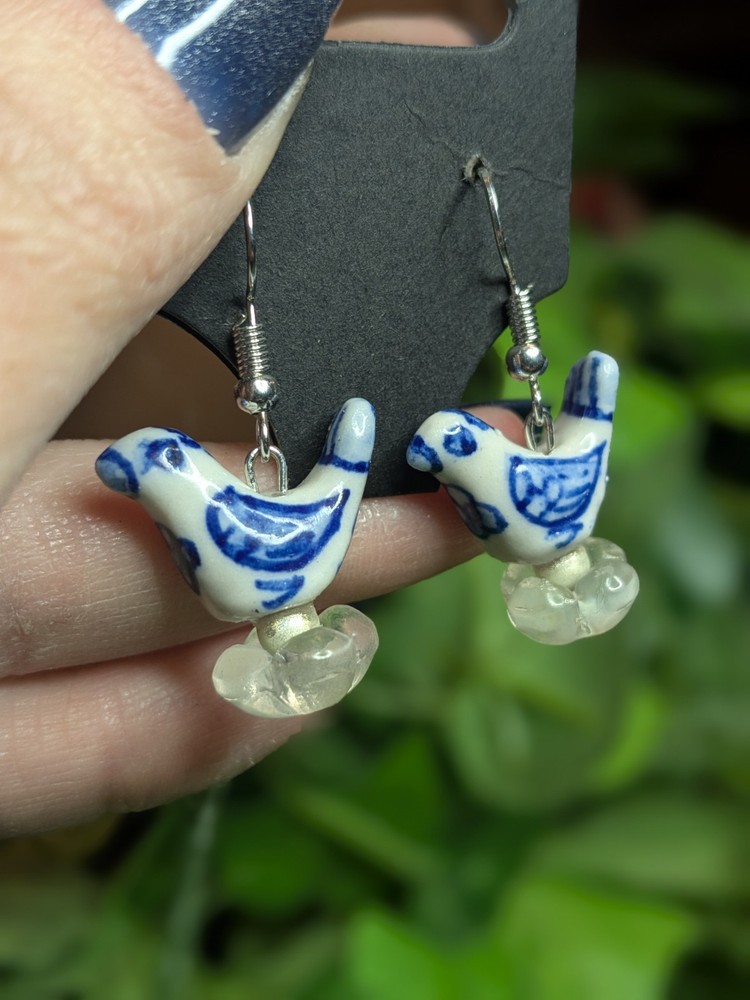 Blue Porcelain Bird Dangle Earrings