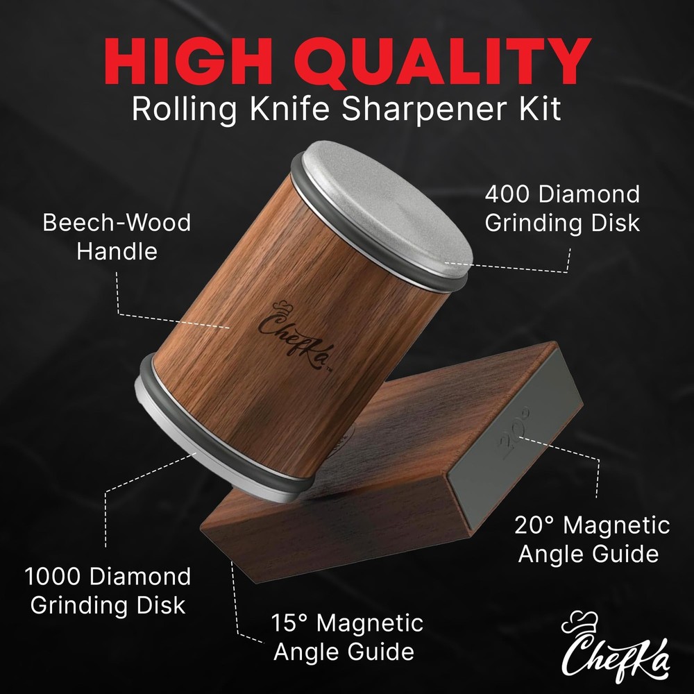 Rolling Knife Sharpener Kit w/Magnetic Angle Guide (15° & 20°) – Diamond Knif...