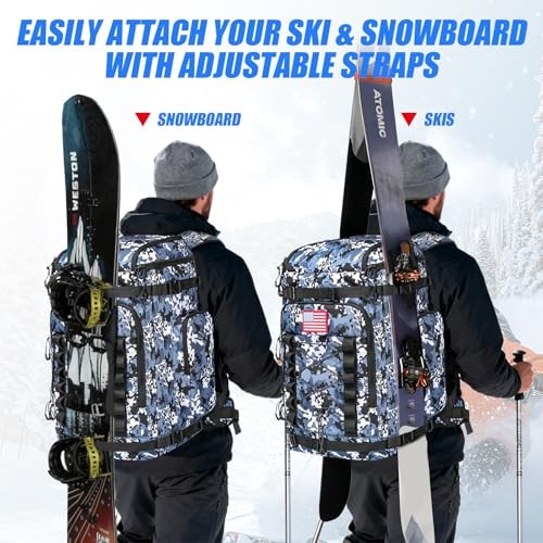 Ski Boot Bag Backpack, 60L Waterproof Travel Ski Boot Bag Backpack Blue Camo