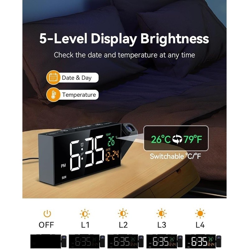 Projection Alarm Clock Adjustable Brightness Volume Temperature Display 4 in 1