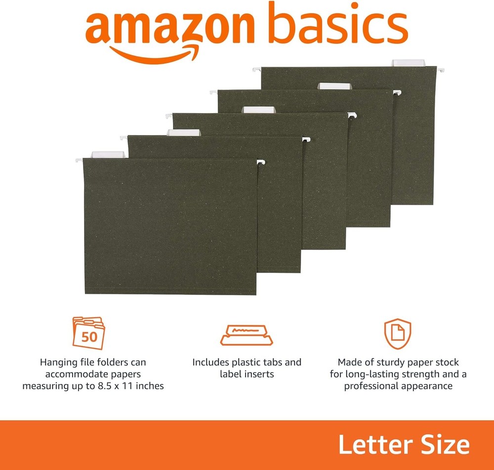Amazon Basics Hanging File Folders, 1/5-Cut Tabs, 50 Pack, Standard Green
