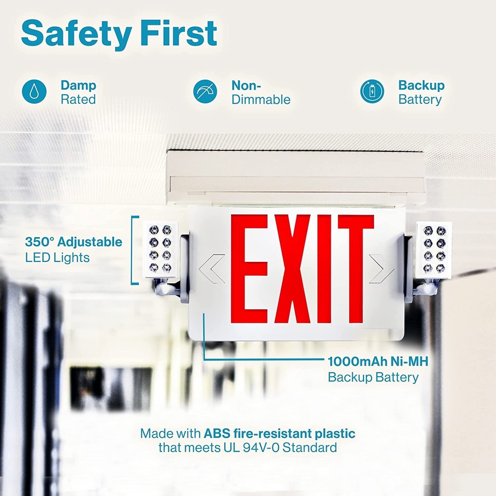 4 Pack LED Exit Sign Emergency Combo Light with Adjustable Two Head Battery UL