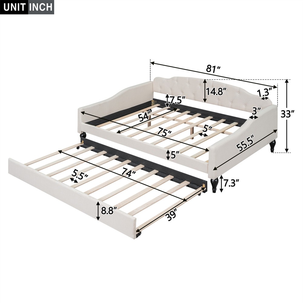Full Size Daybed w/ Pull-Out Trundle Bed Upholstered Bed Frame Sofa Bed Beige US