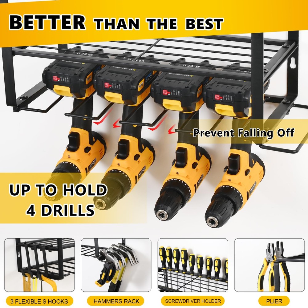 Wall Mount Tool Organizer: 3-Tier Rack with Drill Holders for Garage/Workshop