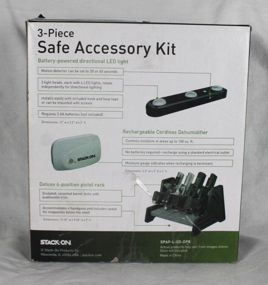 STACK-ON 3 Pieces Safe Accessory Kit:Led Motion Light, Dehumidifier, Pistol Rack