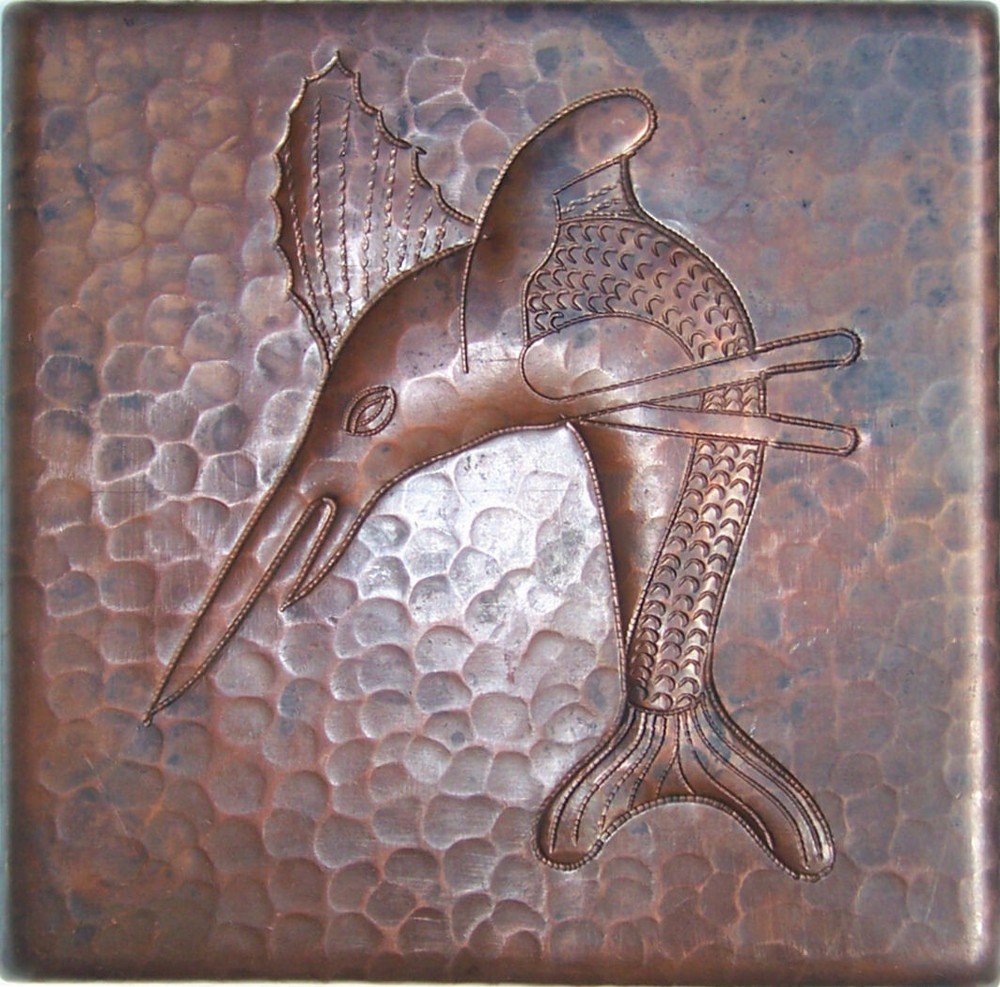 4"x 4" Sword Fish Hand Hammered Mexican Copper Tile