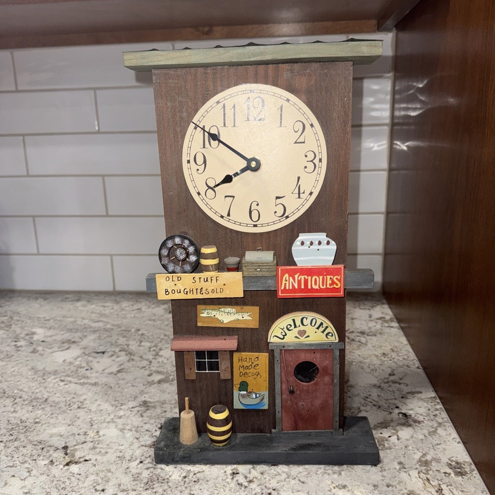 Wood Small Town "Antique Store"   Decorative Clock Handmade