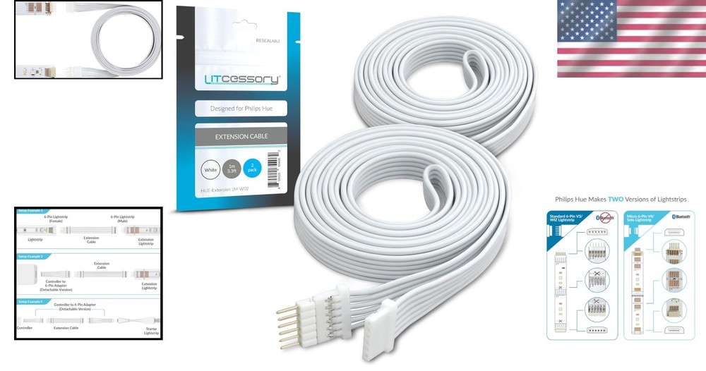 Philips Hue Lightstrip Extension Cable 3.3ft, 2 Pack - White