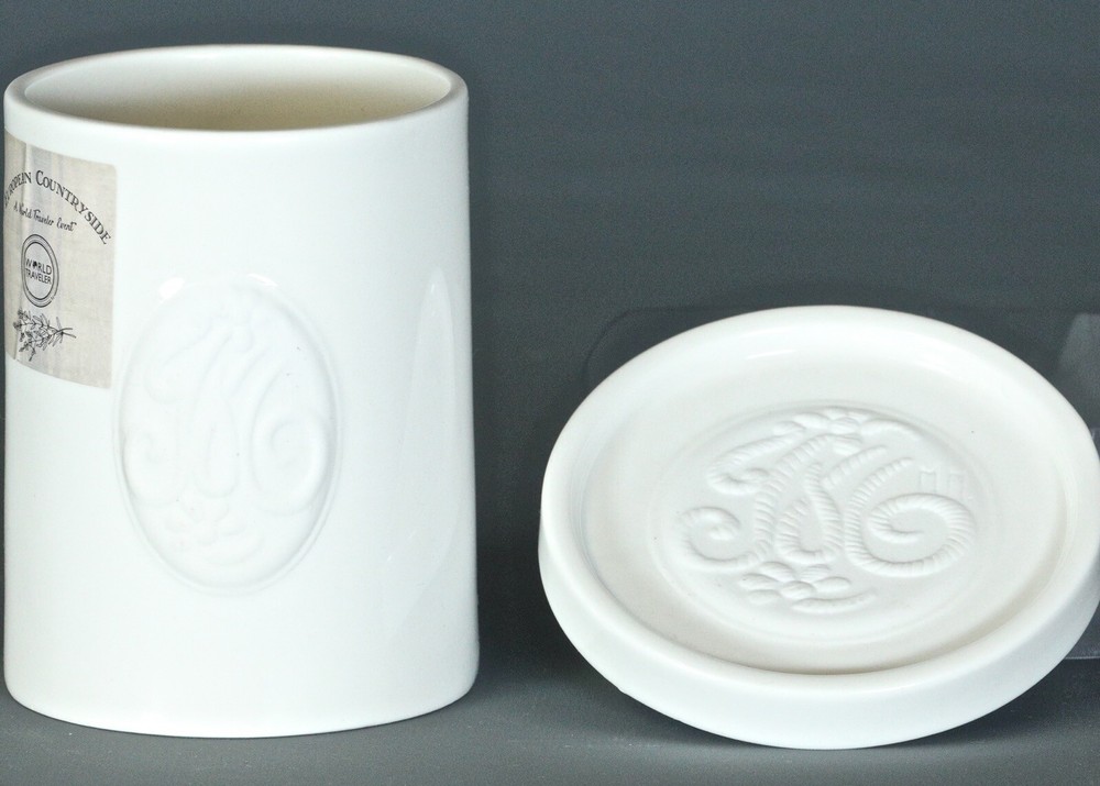 MATHILDE M. WHITE CERAMIC COTTON BALLS JAR & Round SOAP DISH Set 