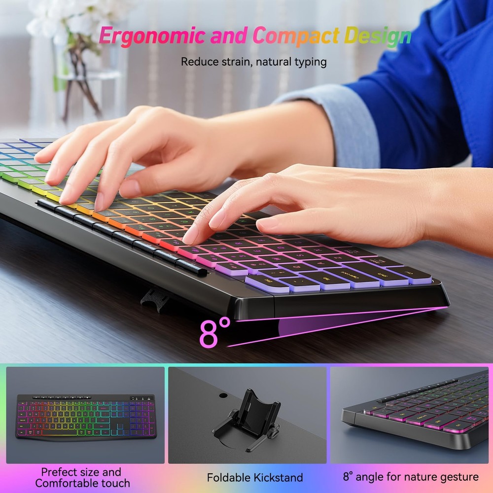 Backlit 2.4G Wireless Keyboard and Mouse Combo Full Size Rechargeable