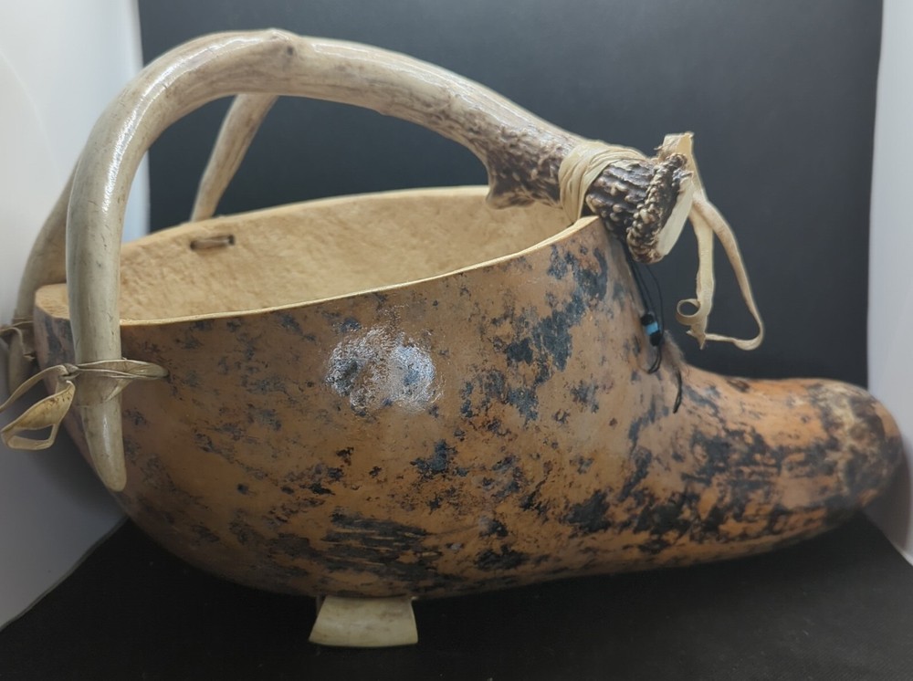 Large Gourd Bowl Cornucopia basket deer antler handle cabin rustic decor