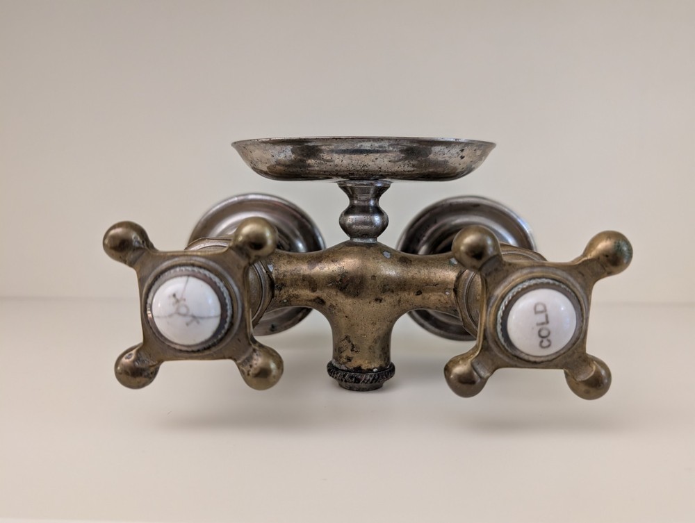 Antique Brass 2-Handle Wall Mount Faucet with Soap Dish, Nonworking Decorative