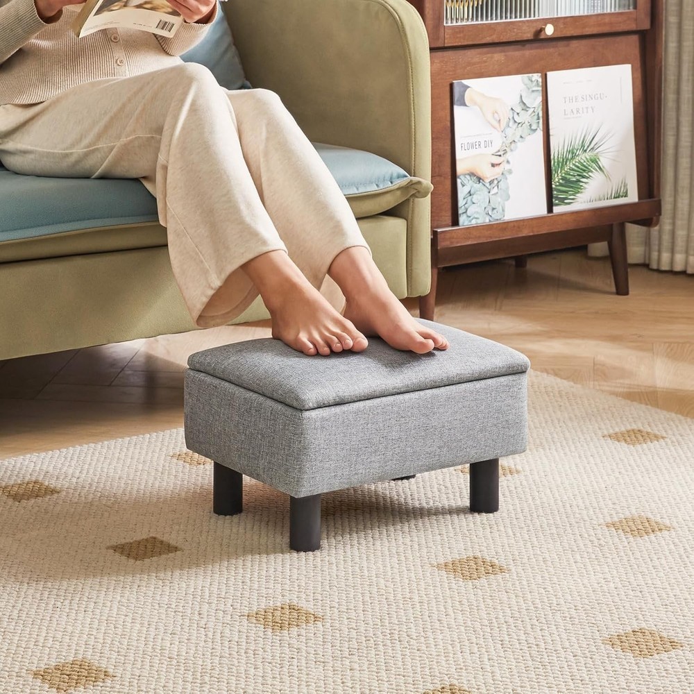 Storage Ottoman Footrest Stool with Linen Fabric, Rectangular, Flip Top Lid, ...