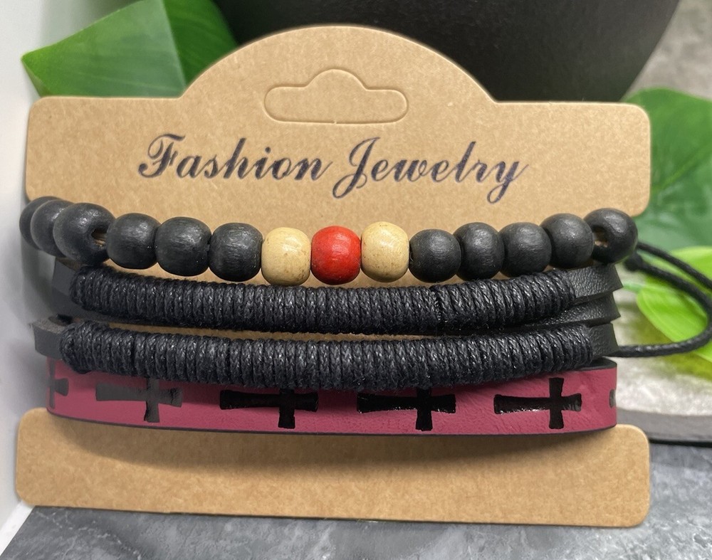 3 PC Wood Bead PU Leather Bracelet Stackable Adjustable Tie New Cross B3629