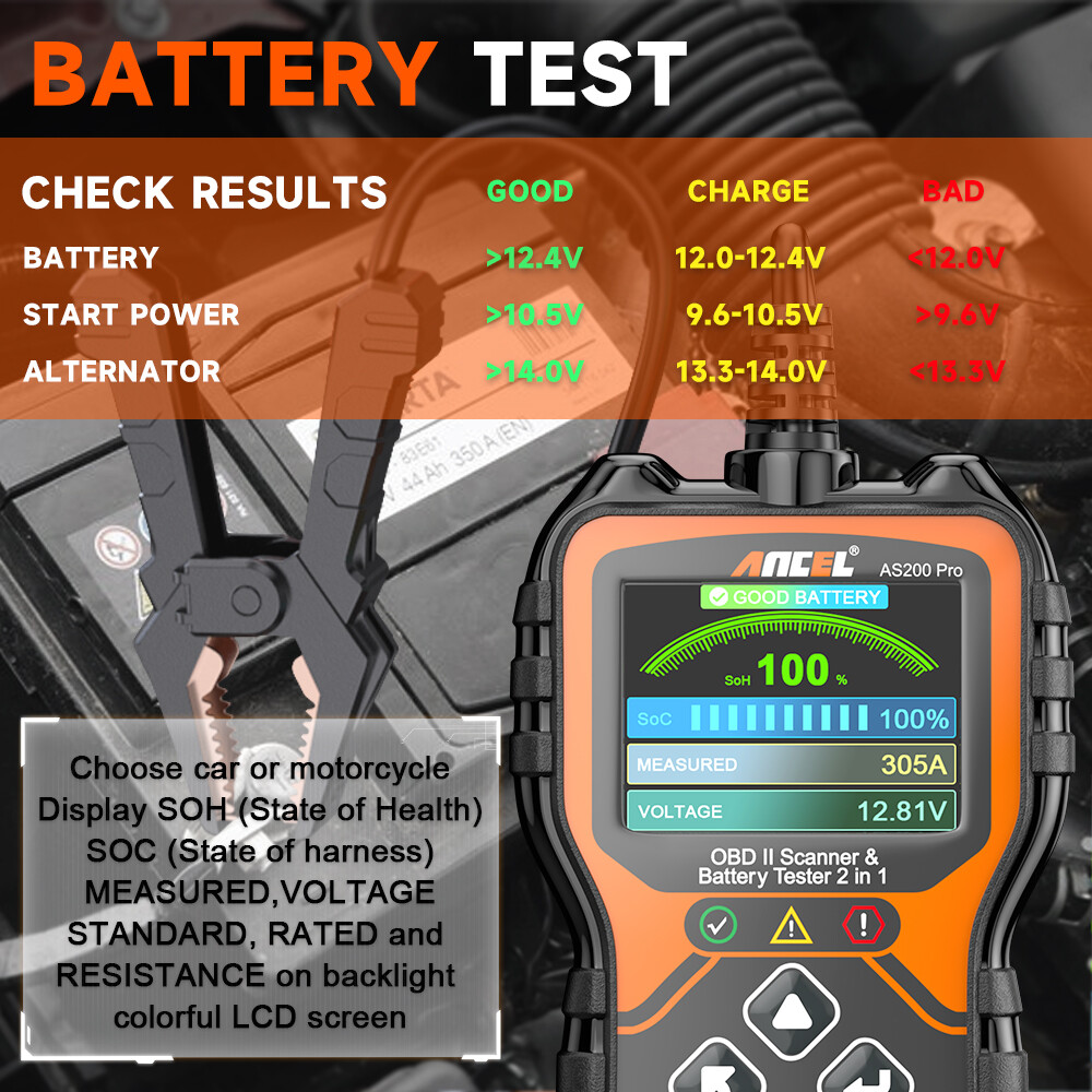 ANCEL AS200 Pro Car OBD2 Diagnostic Scanner Code Reader 12/24V Battery Tester