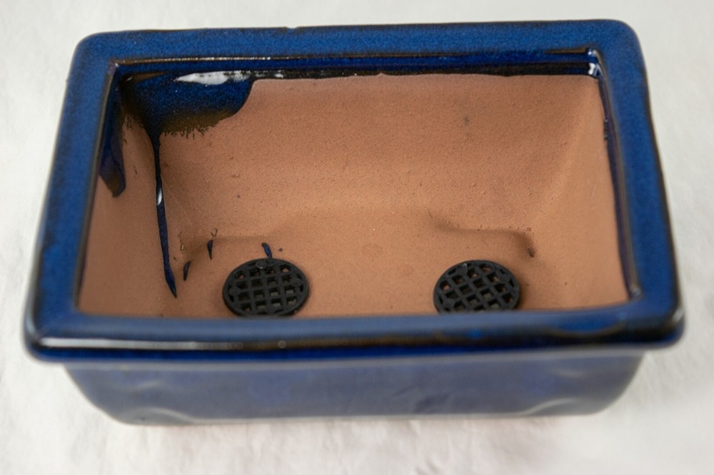 Rectangular Glazed Succulent, Bonsai Pot + Mesh + Wire 6"x 4.5"x 2.25" - Blue