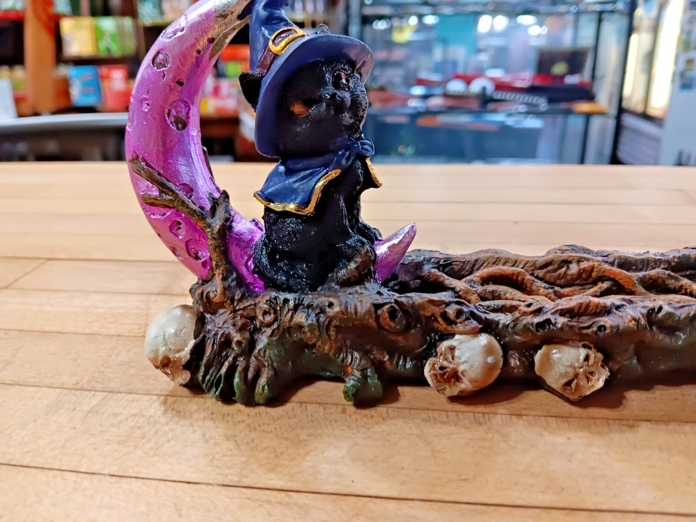 Witch Cat Incense Burner – Crescent Moon & Skull Base