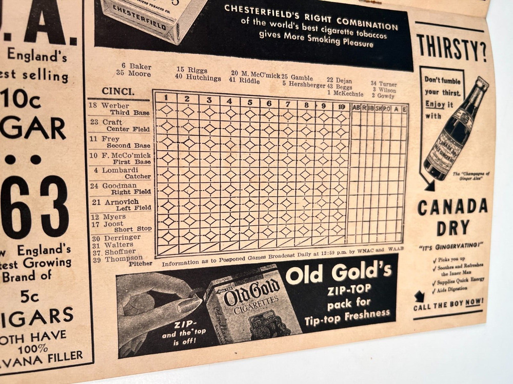 1940 Boston Braves Baseball Program vs Reds Unscored HIGH GRADE🔥