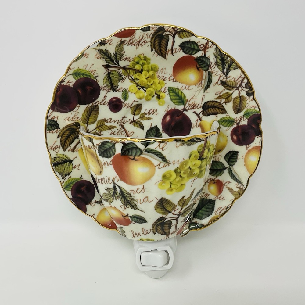 Baum Bros Formalities Night Light Tea Cup & Saucer Fruit Pattern Gold Rim Dining