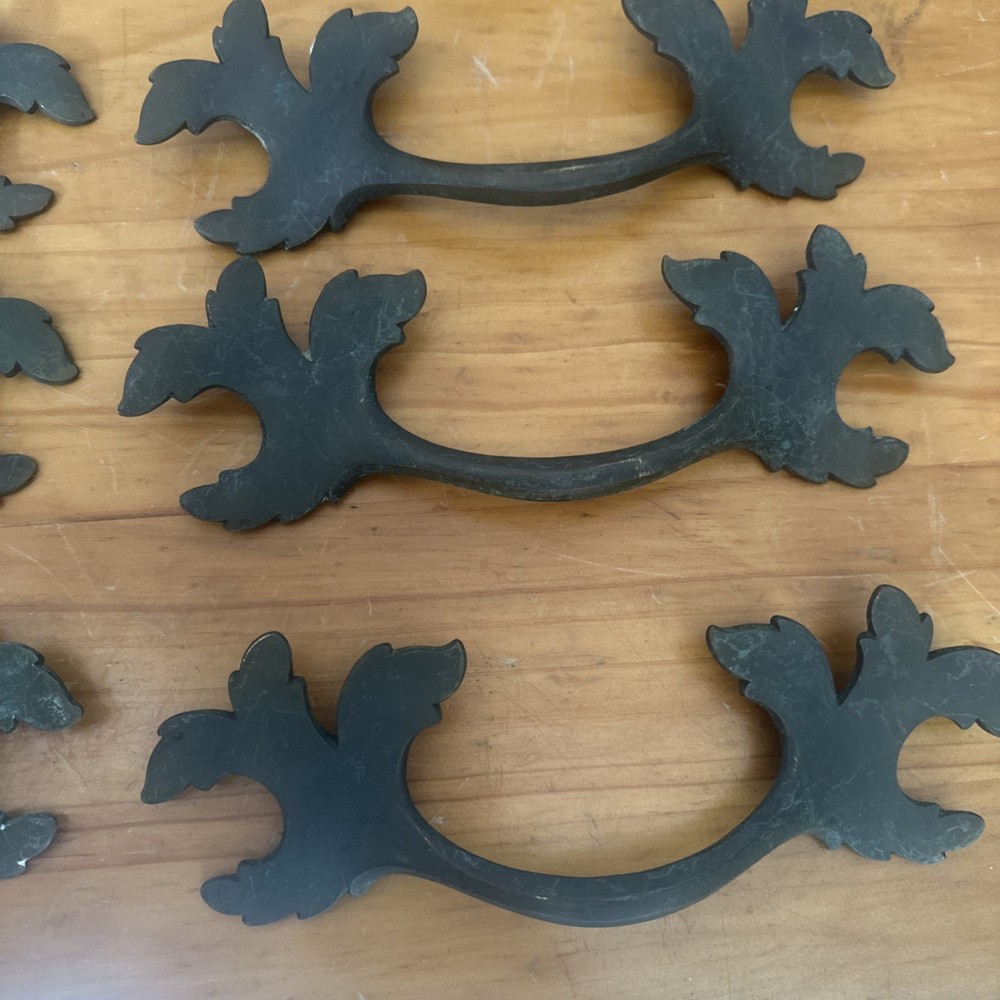 Set 9 Antique Brass Leaf Drawer Pull Handles 8” RARE