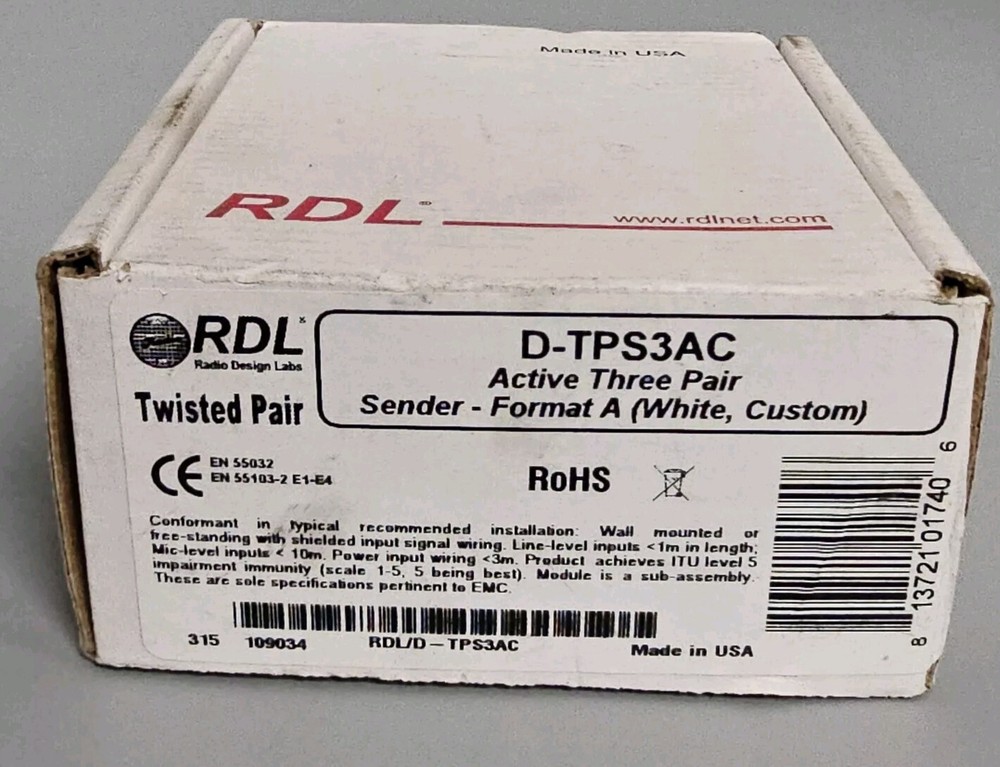 RDL D-TPS3AC Active Three-Pair Sender - Twisted Pair Format-A New In Box