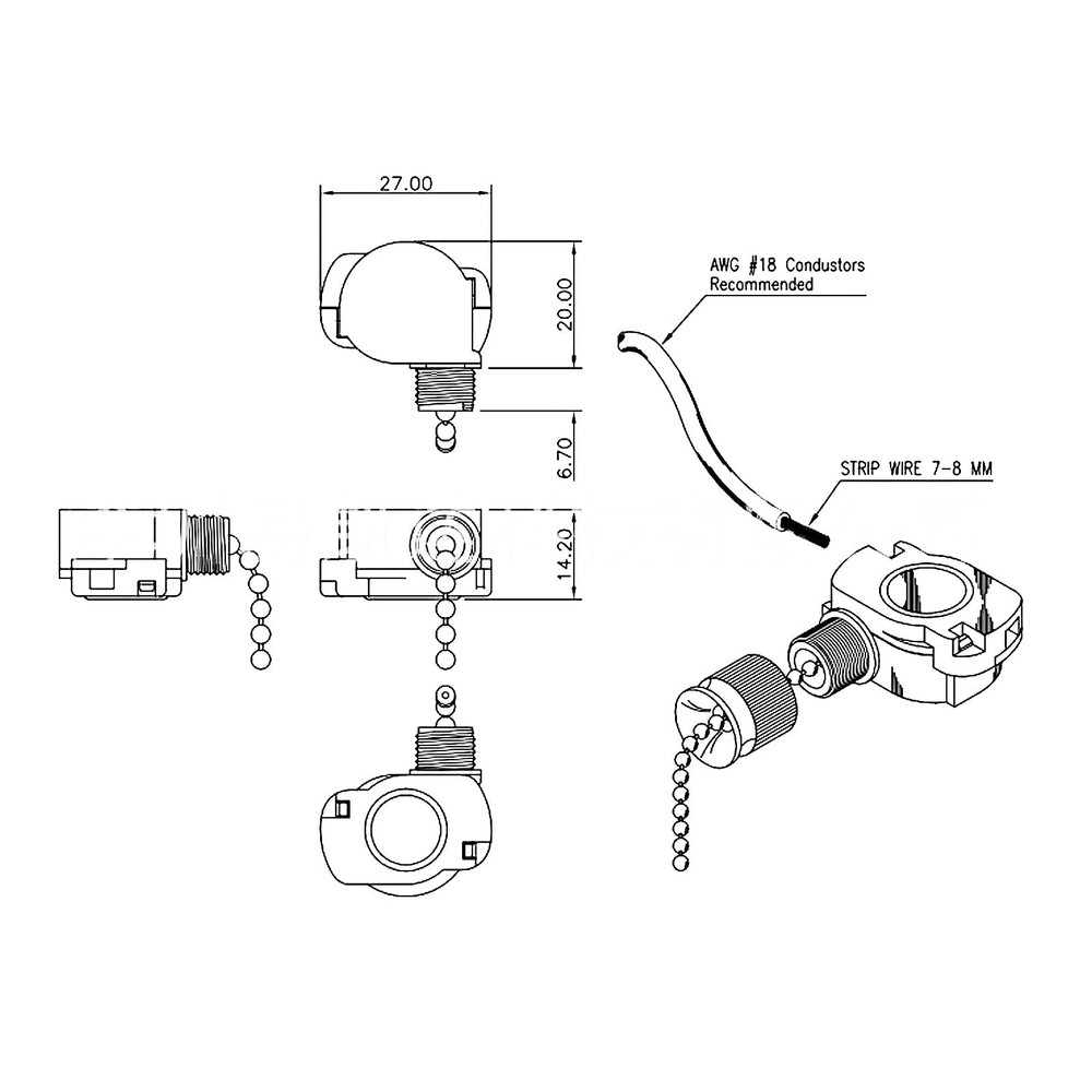 Ceiling Fan Light Switch, E87438 Lamp Switch with 11" Beaded Pull Silver