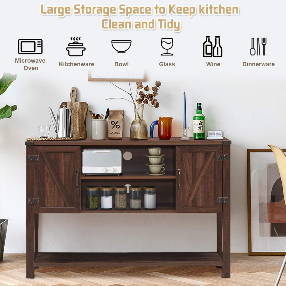 Modern Brown Console Table Buffet with Storage Cabinets and Bottom Shelf