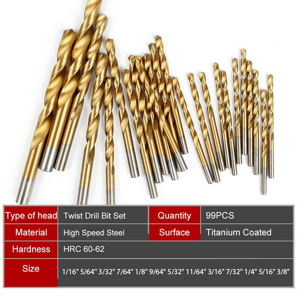 100PCS Drill Bit Set 1/16"-3/8" HSS Titanium Multi Drill Bits Twist Metal Tools