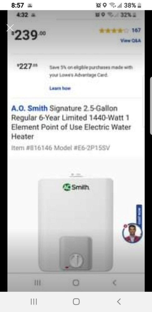 A.O. Smith Signature 2.5-Gallon 1 Element Point of Use Electric Water Heater