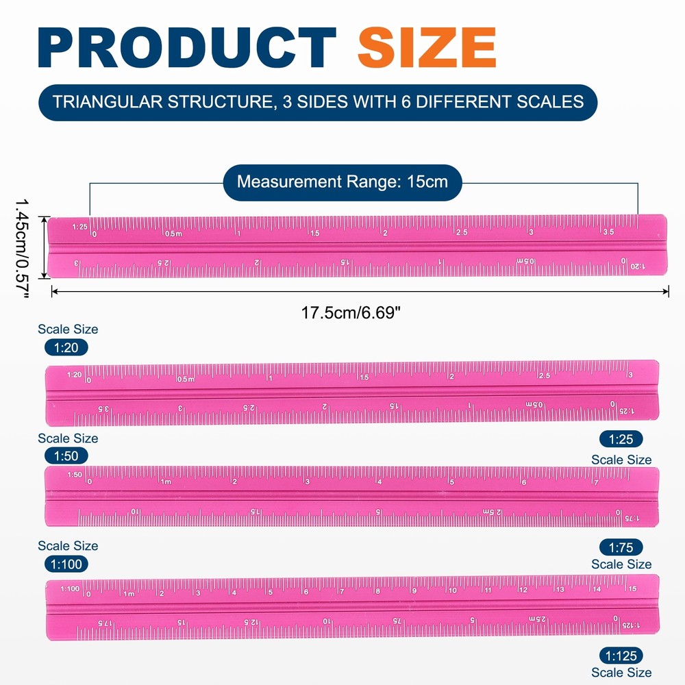 7 Inch Metric Architectural Triangular Scale Ruler Small Scale, Rose Red