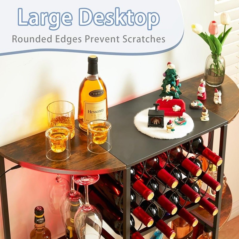 Smart LED Wine Bar Cabinet W/ Storage Glasses & Bottles Multi-Functional Decor