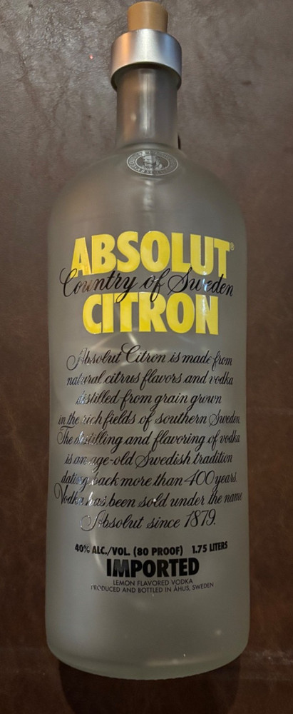 Frosted Absolut Citron Vodka Empty Bottle with Lights. Display