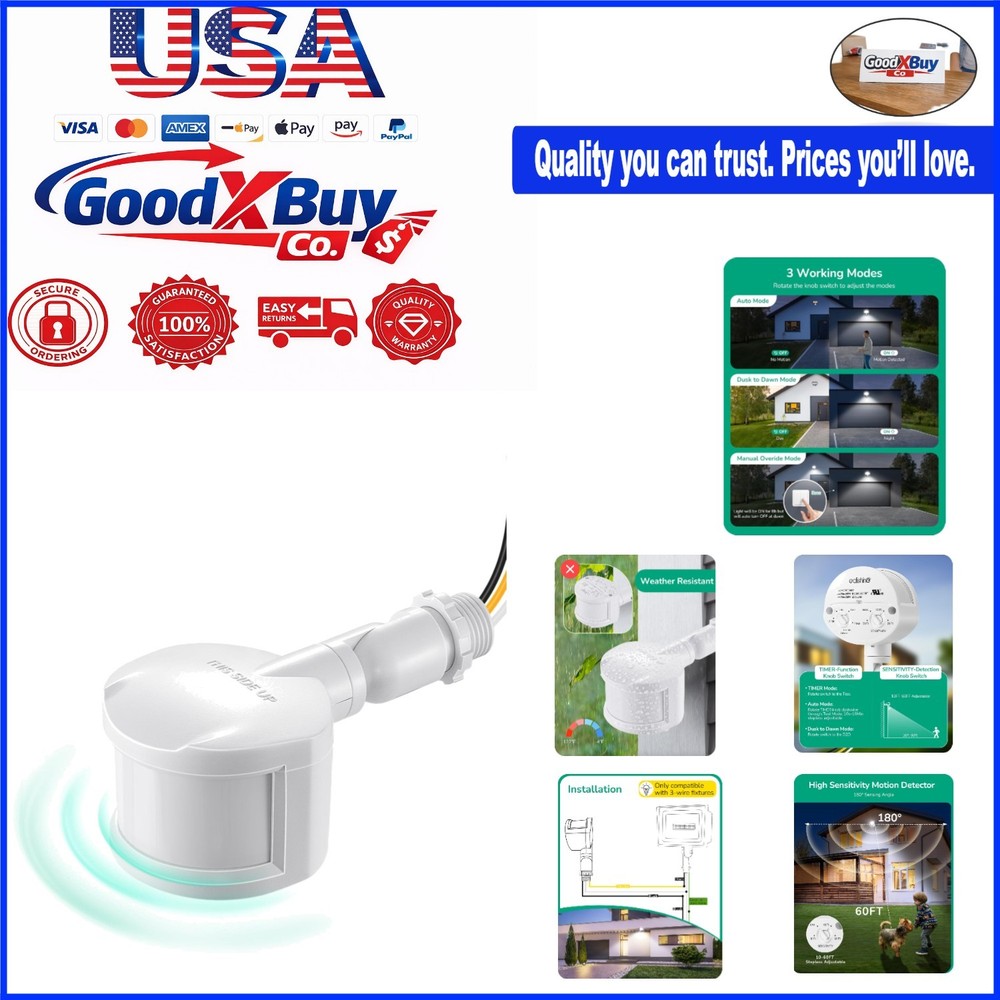 Listed 120V White Motion Sensor 180-Degree Detector for Floodlights, Adjustab...