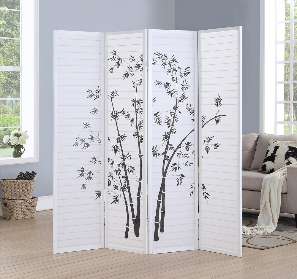 Roundhill Bamboo Print 4-Panel Framed Room Screen/Divider, white 4 panel