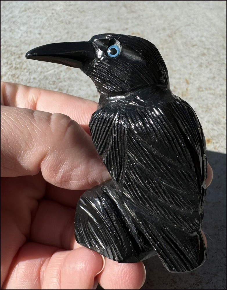Medium Black Onyx RAVEN Carving w/ Blue Eyes