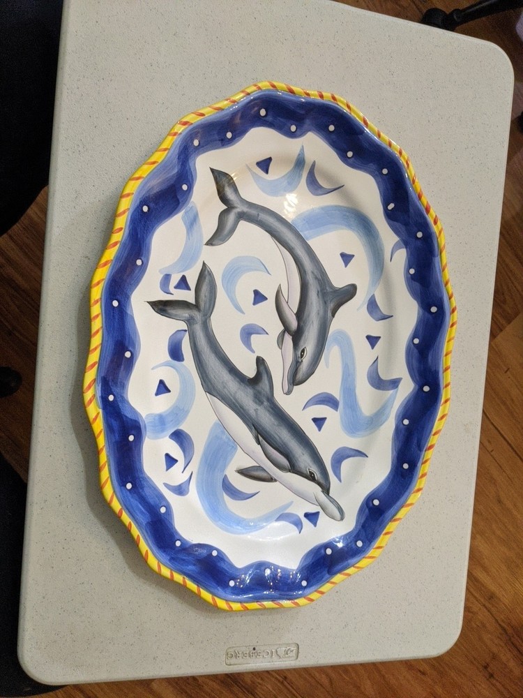 Dolphin Serving Platter Ceramic Oval 18" X 13"