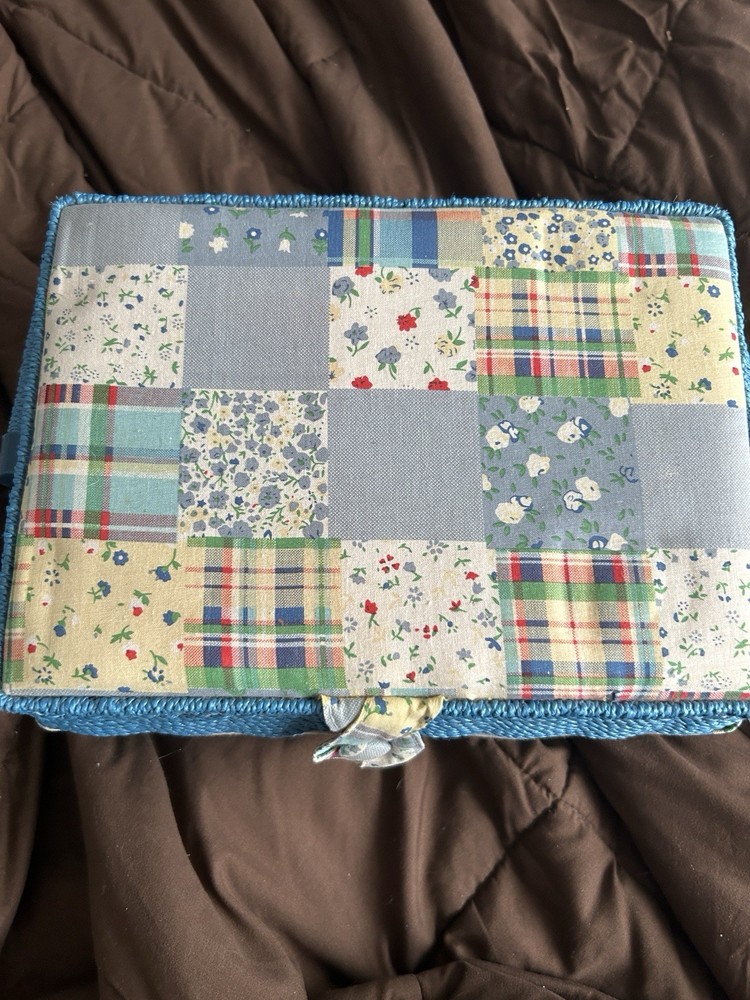 Sewing Kit Quilted Basket Blue And Flower Pattern With Handle And Thread