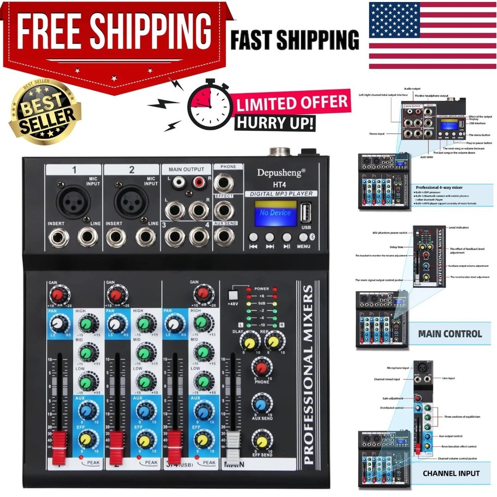 HT4 Pro Bluetooth DJ Mixer with USB Interface - High-Quality Audio Performance