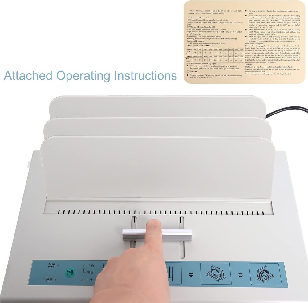 Hot melt binding machine, 500-sheet capacity, bookbinding material (white).