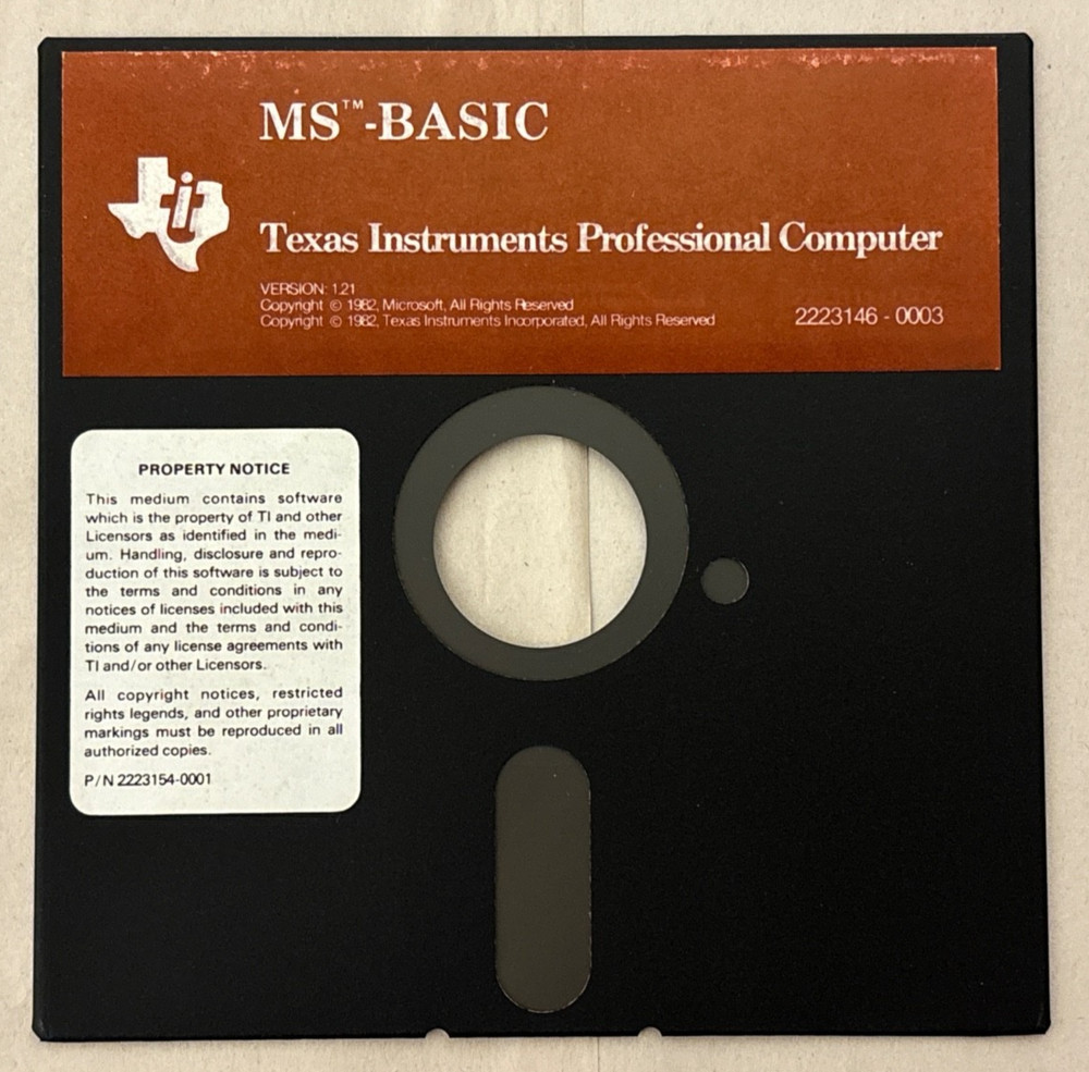 MS-BASIC Ver 1.21 Texas Instruments Software & Manual VTG 1983 Microsoft 5.25"